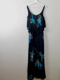 Vintage Black & Green Long Dress 1970s XXS