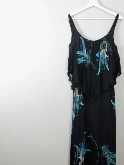 Vintage Black & Green Long Dress 1970s XXS