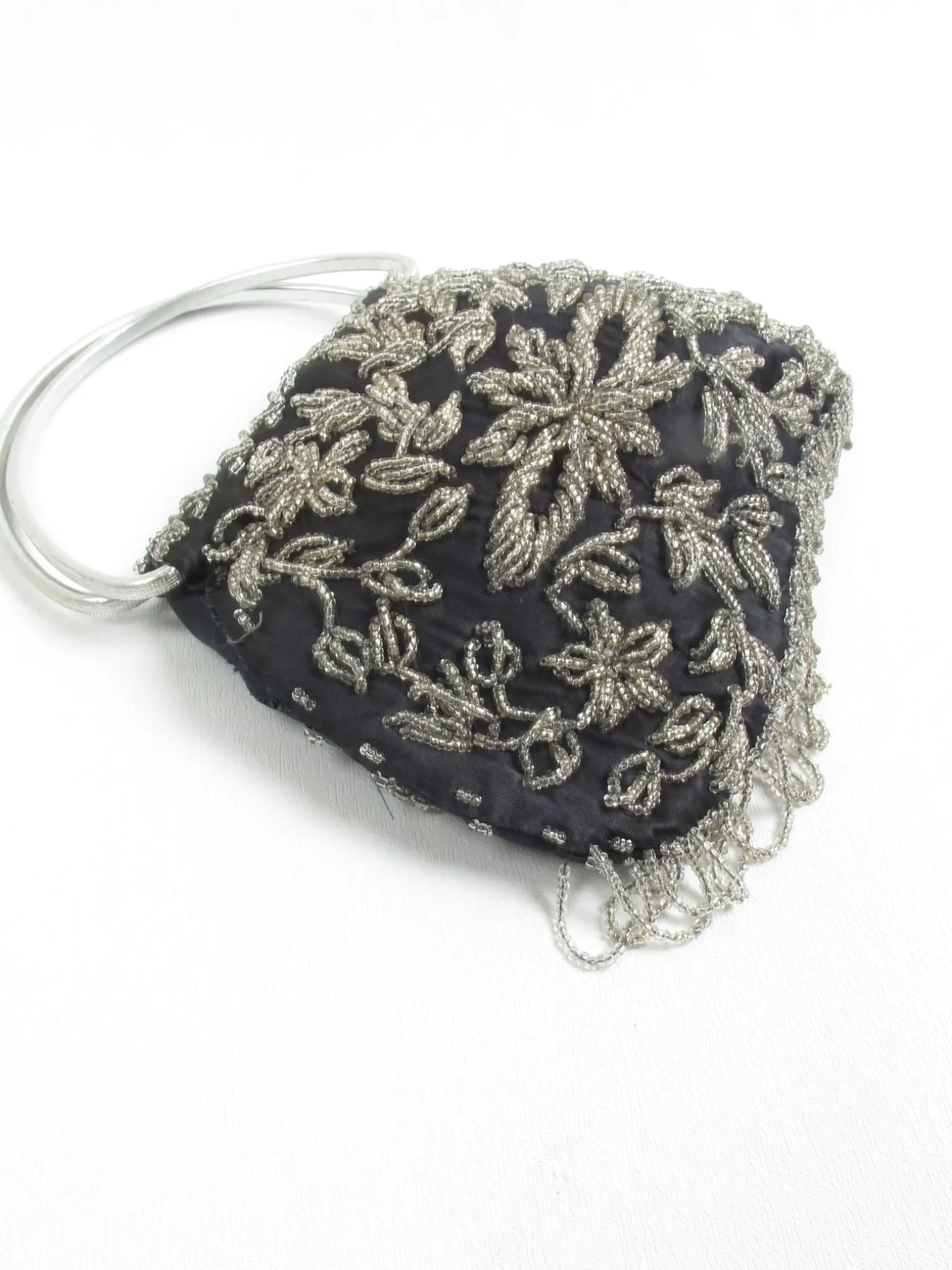 Vintage Black & Silver Beaded Evening Bag 1960s