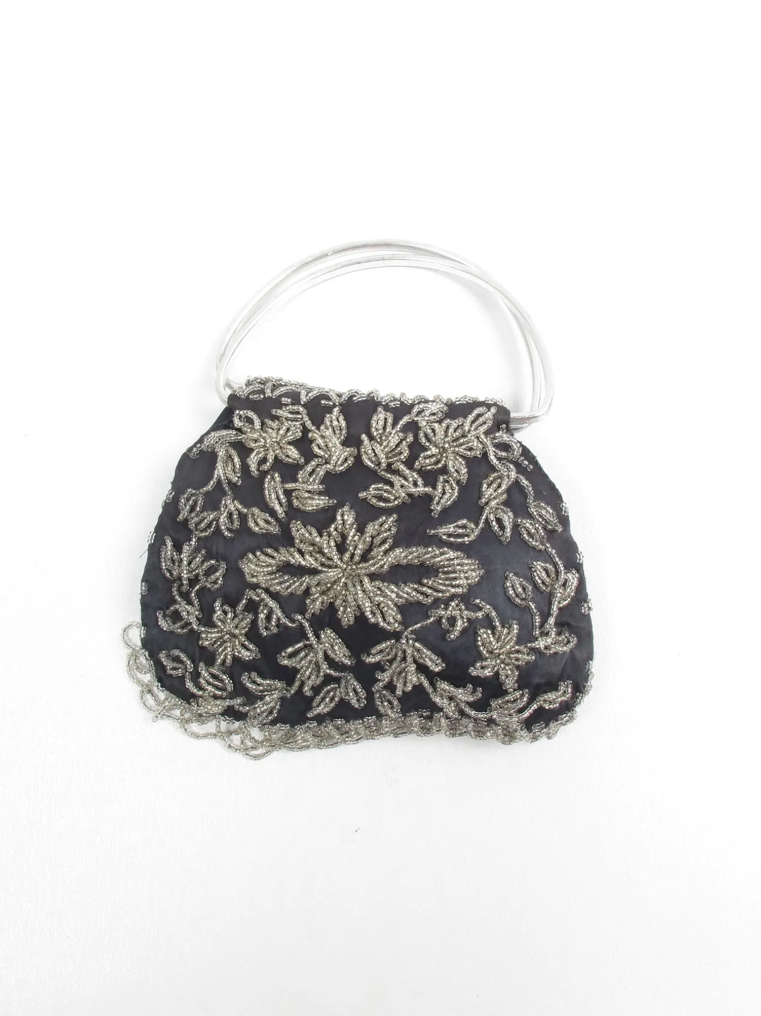 Vintage Black & Silver Beaded Evening Bag 1960s