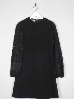 Vintage Black Crepe 1960s Dress With Ribbon Lace Sleeves S