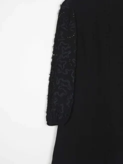 Vintage Black Crepe 1960s Dress With Ribbon Lace Sleeves S
