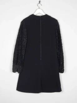 Vintage Black Crepe 1960s Dress With Ribbon Lace Sleeves S