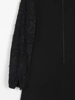 Vintage Black Crepe 1960s Dress With Ribbon Lace Sleeves S