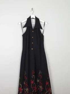 Vintage Black Embellished Embroidered Halter Neck 1970s Dress S