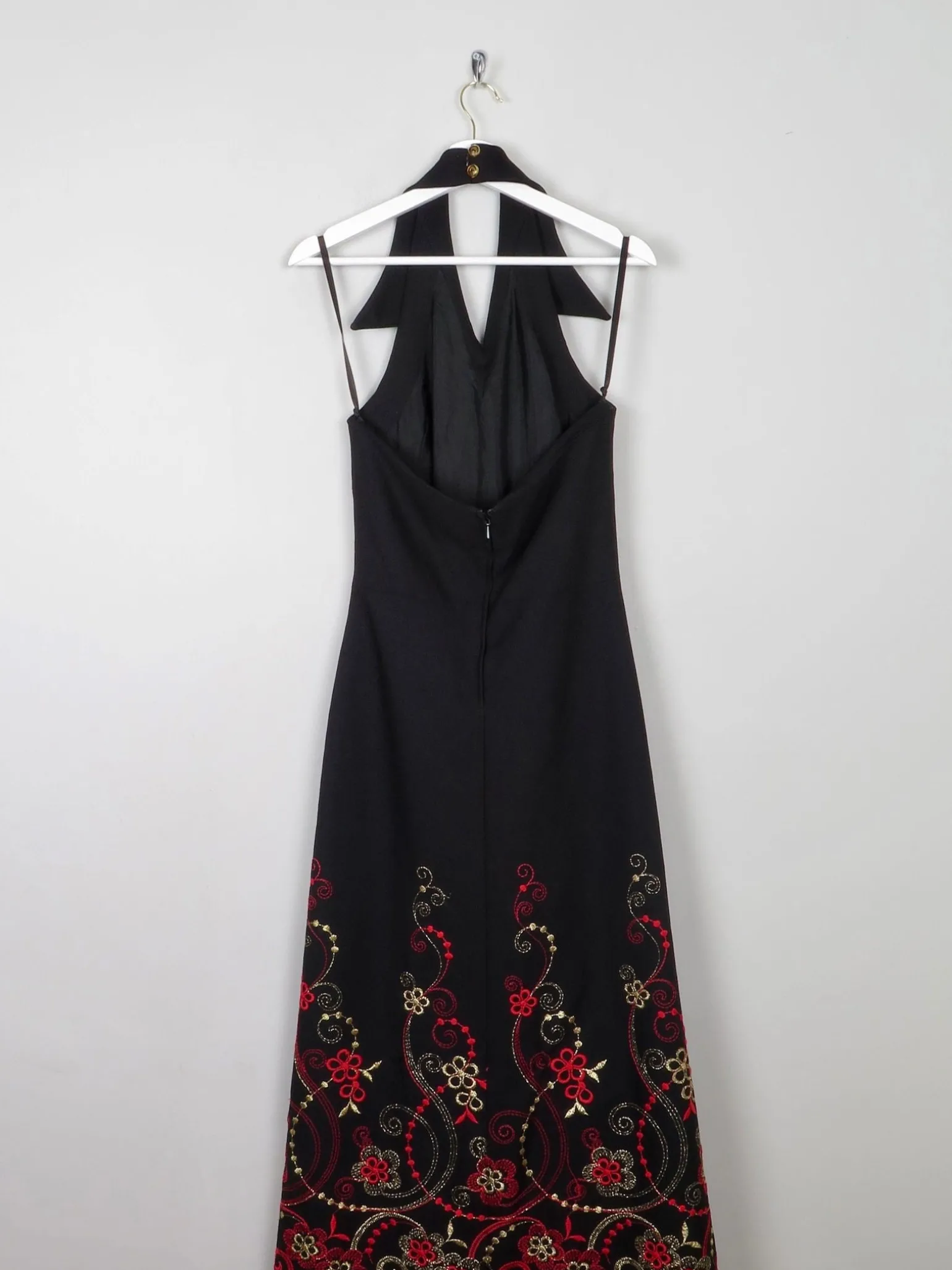 Vintage Black Embellished Embroidered Halter Neck 1970s Dress S