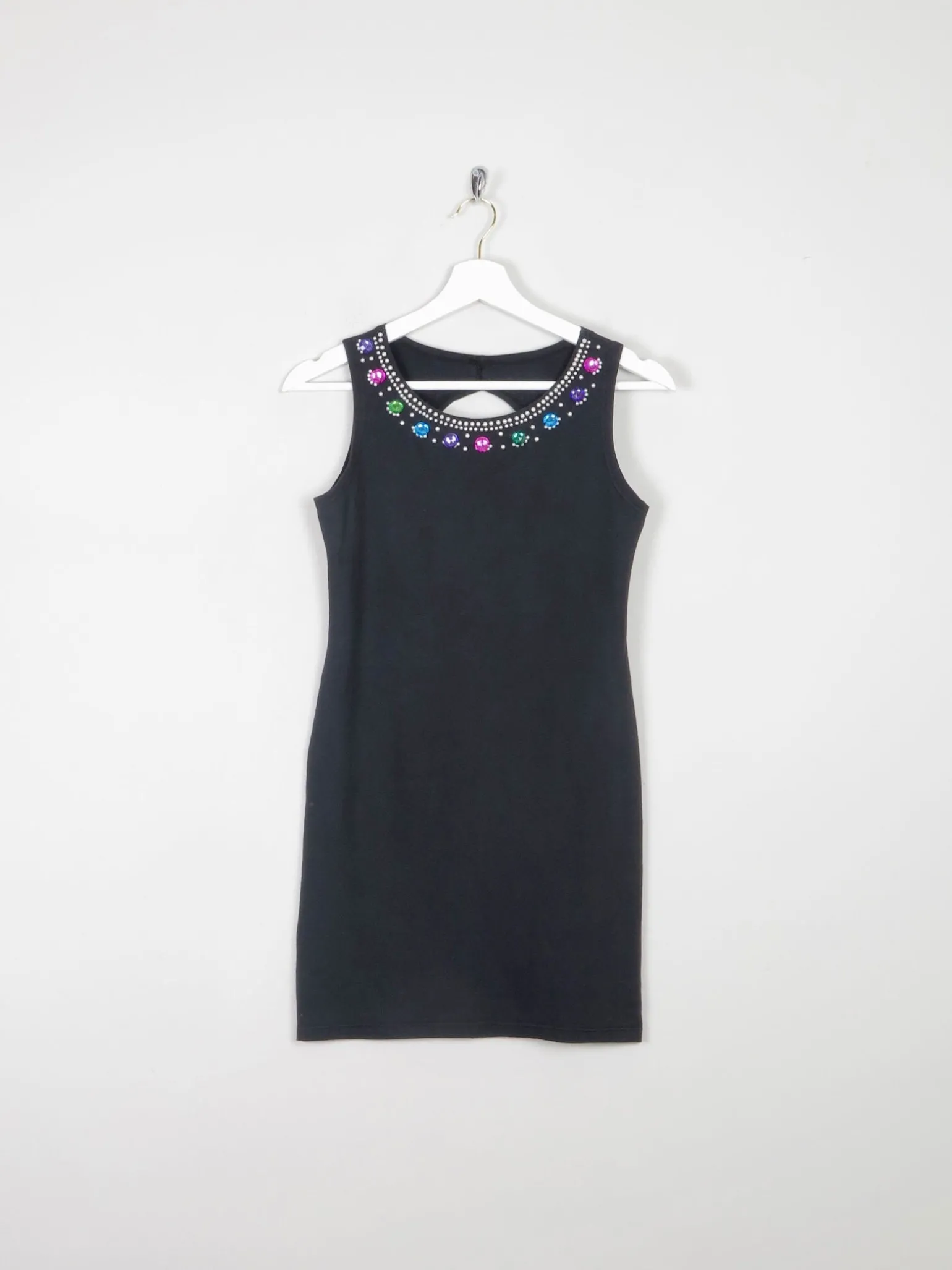Vintage Black Fitted 1980s Bejewelled Fitted Mini Dress S