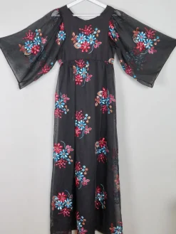 Vintage Black Long Floral Embroidered Dress XS