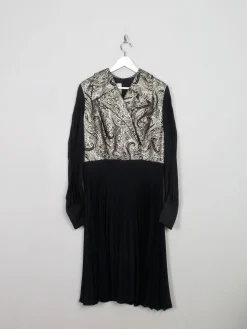 Vintage Black Pleated Dress With Collar & Sleeves M