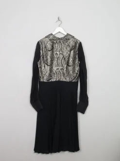 Vintage Black Pleated Dress With Collar & Sleeves M