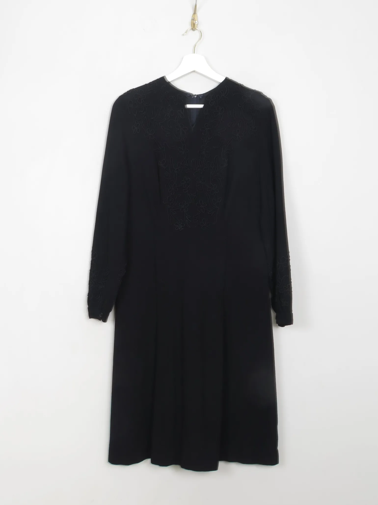 Vintage Black 1940s Wool Crepe Dress M
