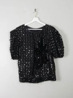 Vintage Black Sequin & Ribbon Lace Top L