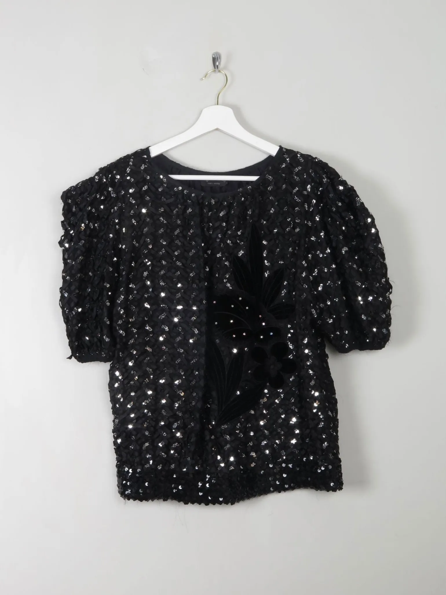 Vintage Black Sequin & Ribbon Lace Top L