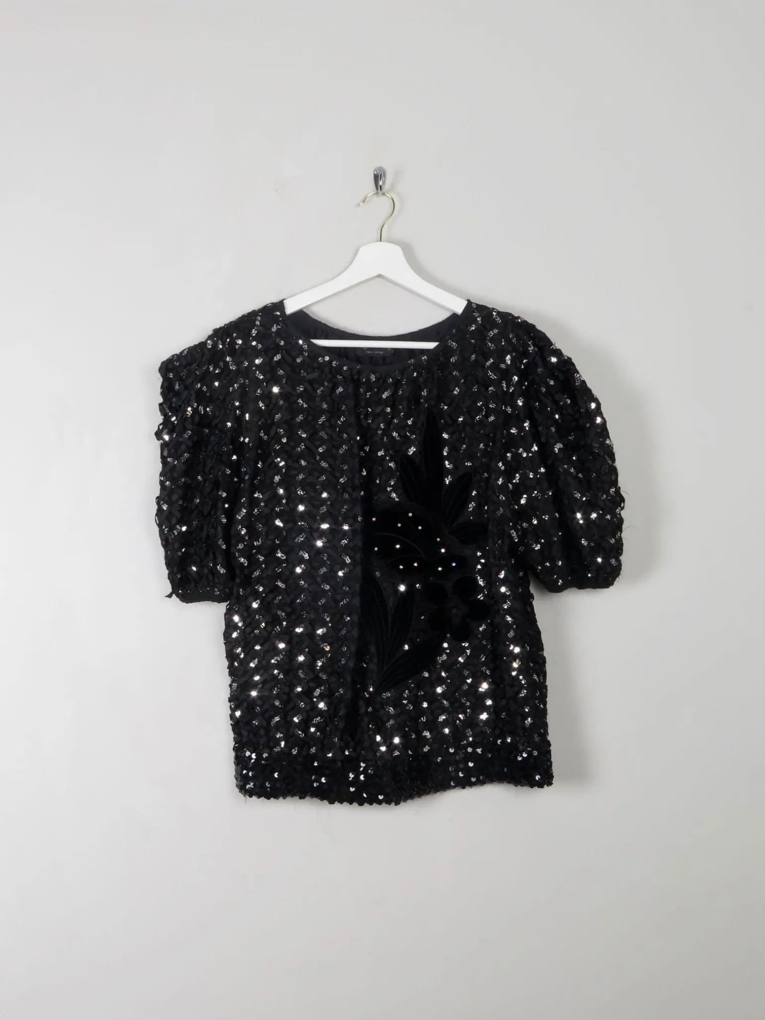 Vintage Black Sequin & Ribbon Lace Top L