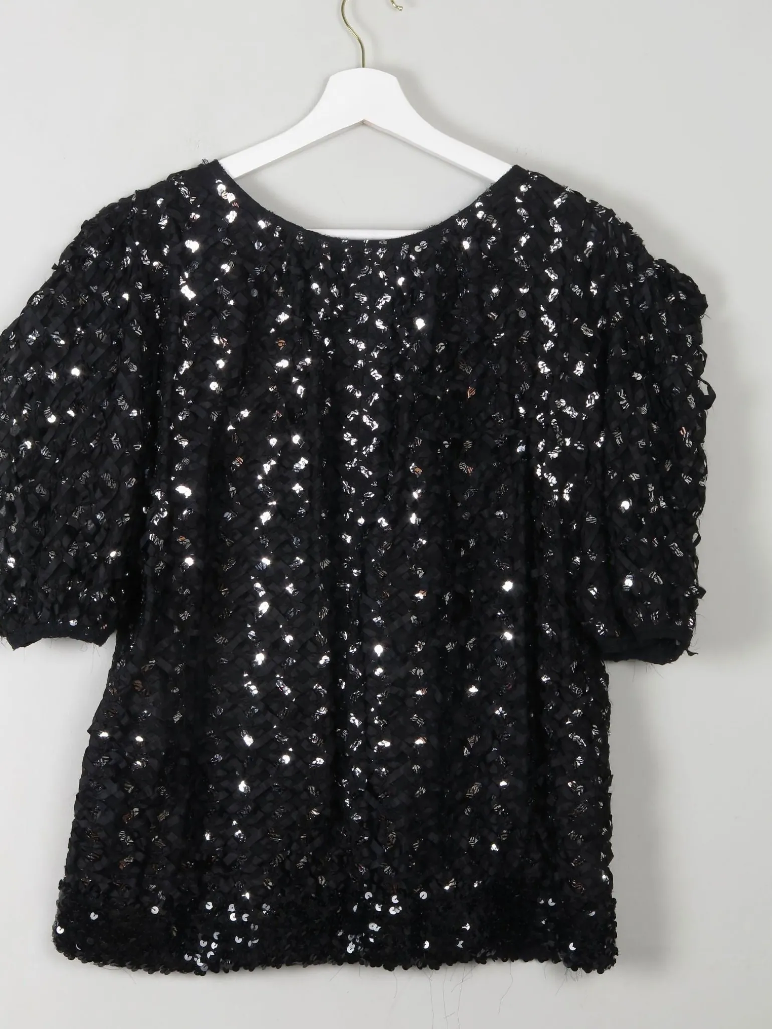 Vintage Black Sequin & Ribbon Lace Top L