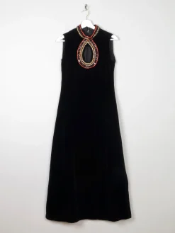 Vintage Black Velvet 1960s/70s Maxi Dress With Beading Detail 6/8 XS