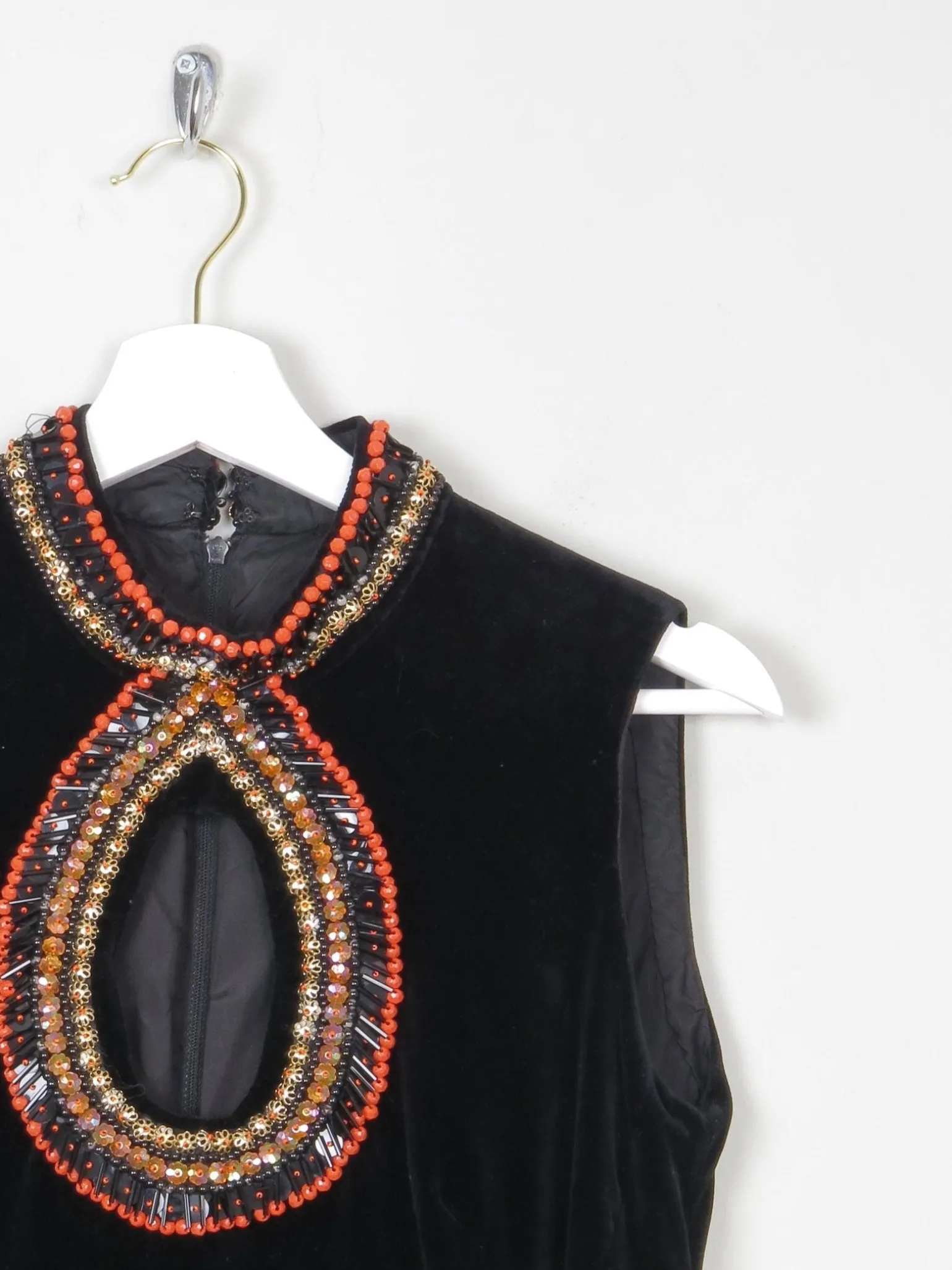 Vintage Black Velvet 1960s/70s Maxi Dress With Beading Detail 6/8 XS