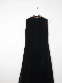 Vintage Black Velvet 1960s/70s Maxi Dress With Beading Detail 6/8 XS