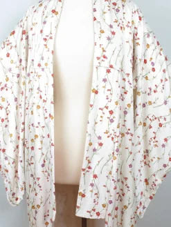 Vintage Cream Silk Colourful Printed Kimono S-L