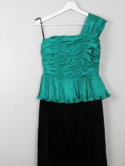 Vintage Green & Black Dress One Shoulder XS