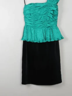 Vintage Green & Black Dress One Shoulder XS