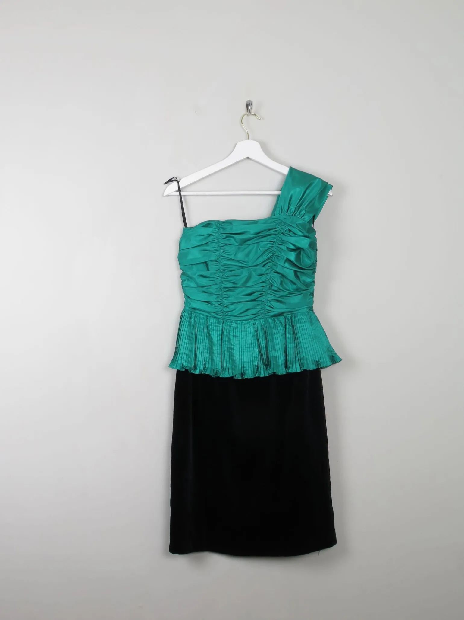 Vintage Green & Black Dress One Shoulder XS