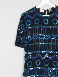 Vintage Green & Blue Sequin & Silk Short Sleeve Top S