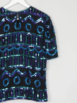 Vintage Green & Blue Sequin & Silk Short Sleeve Top S