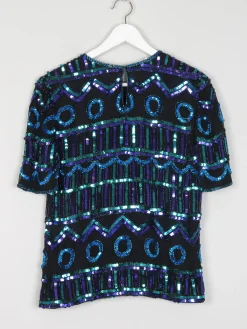 Vintage Green & Blue Sequin & Silk Short Sleeve Top S