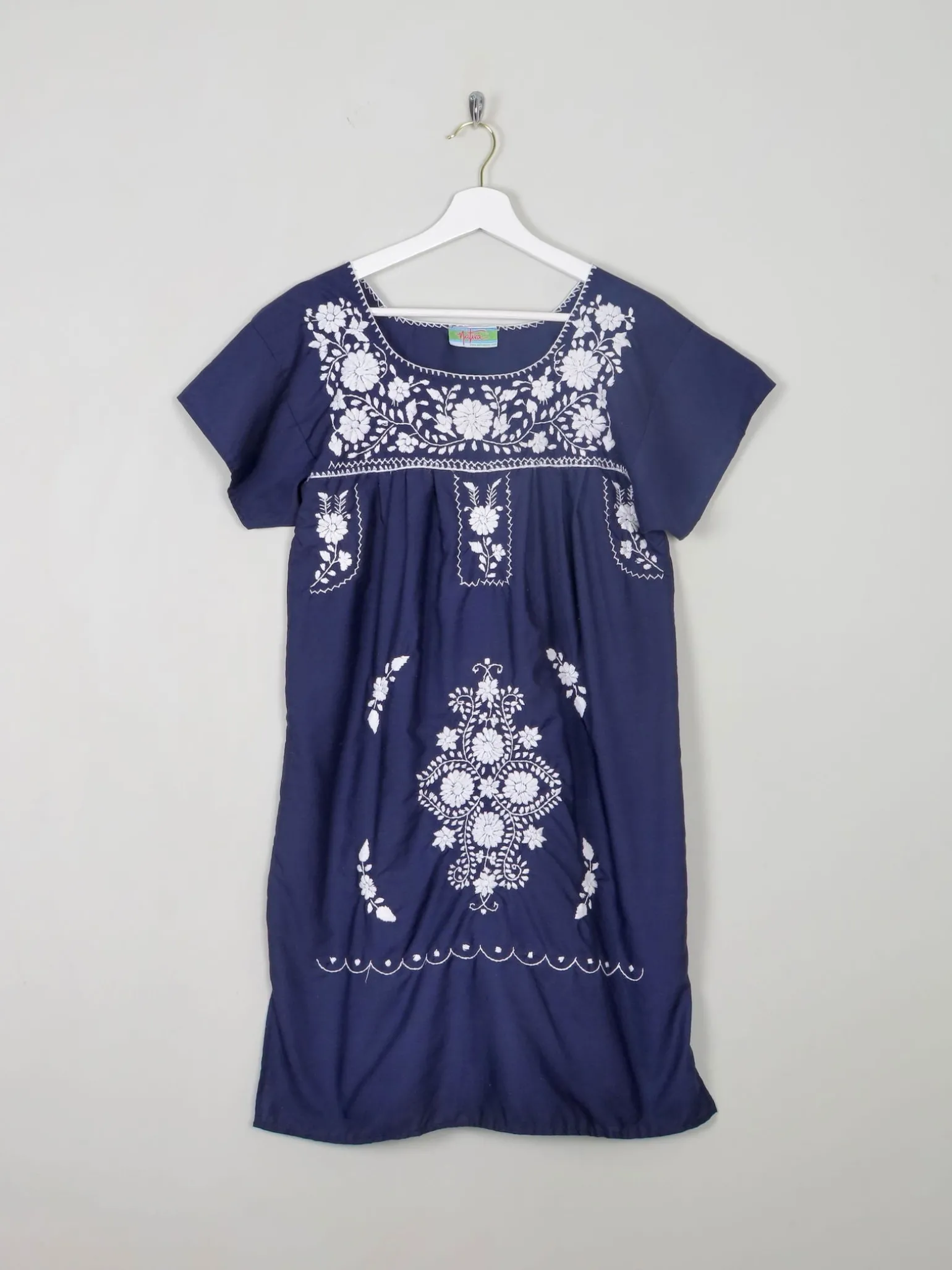 Vintage Navy & Blue Embroidered Mexican Dress S/M