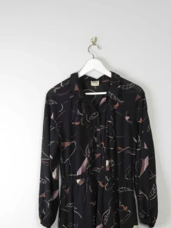 Vintage 1970s Black Patterned Dress 12/14