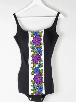 Vintage 1960s Black Swimsuit With Floral Design 10/12