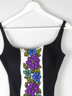 Vintage 1960s Black Swimsuit With Floral Design 10/12