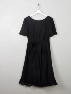 Vintage 70s Black Wrap-Over Dress With Broderie Anglaise Trim