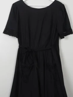 Vintage 70s  Black Wrap-Over Dress With Broderie Anglaise Trim