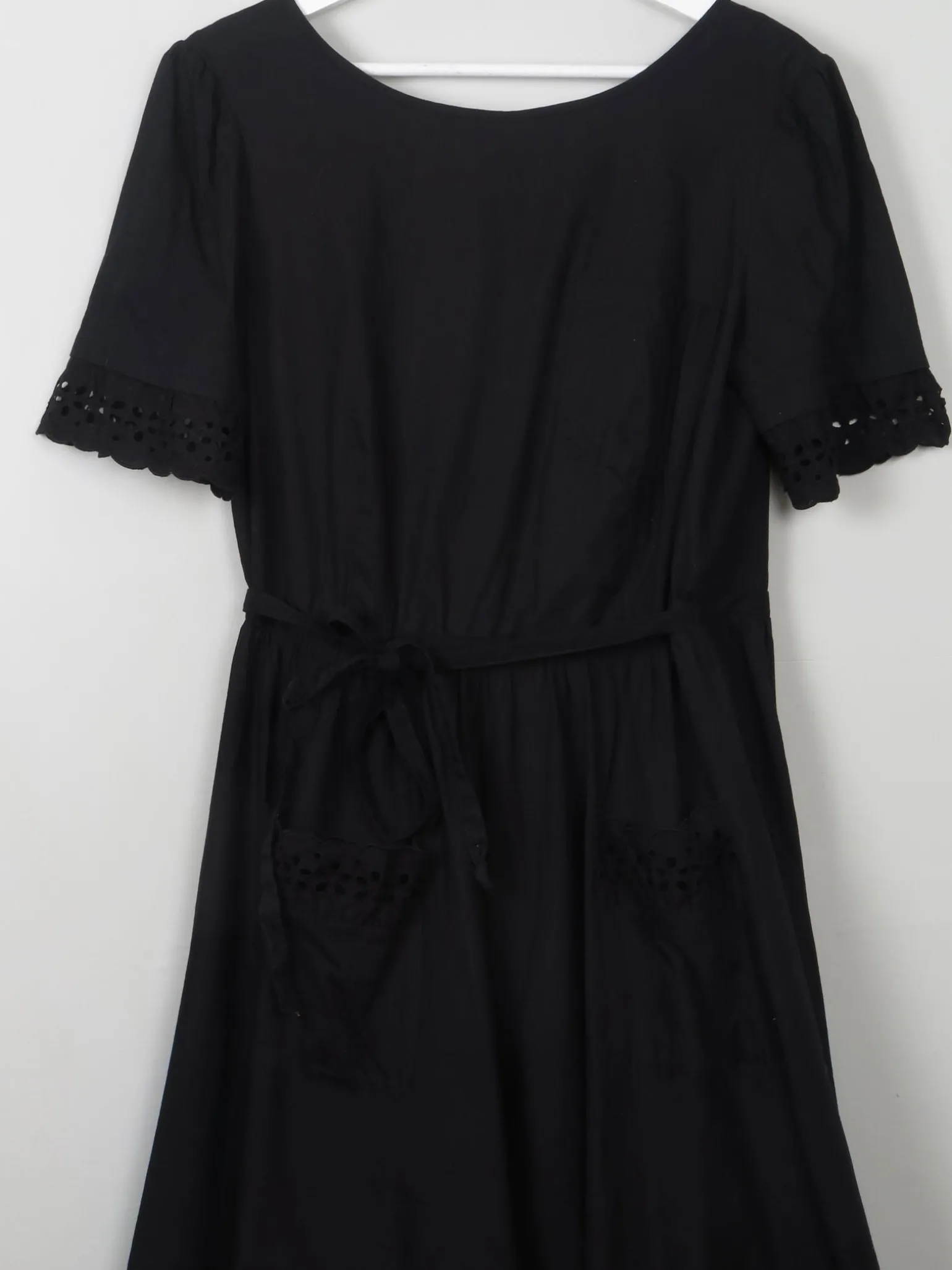 Vintage 70s Black Wrap-Over Dress With Broderie Anglaise Trim