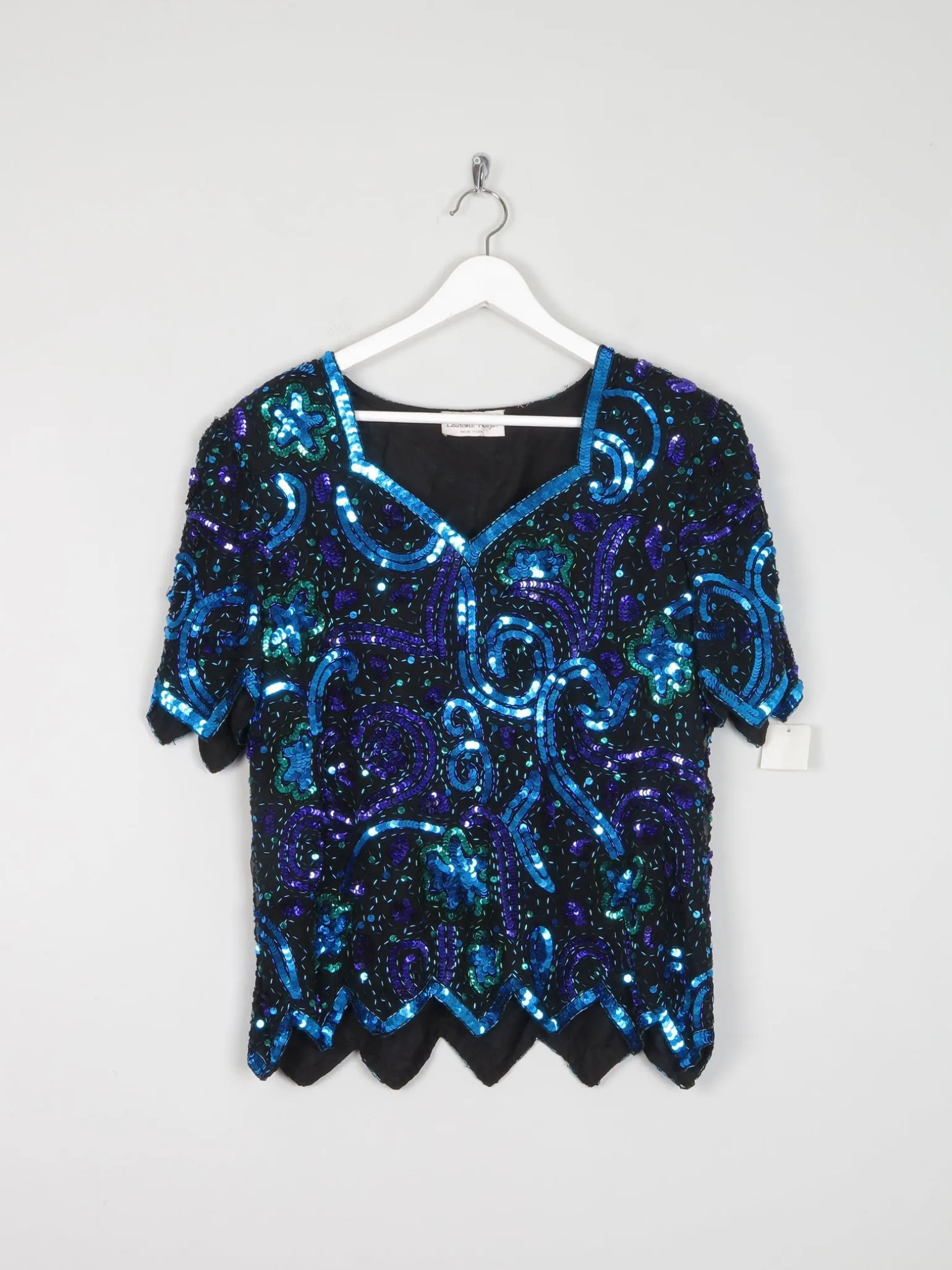 Vintage Sequin Unworn Blue & Green V neck Top M/L