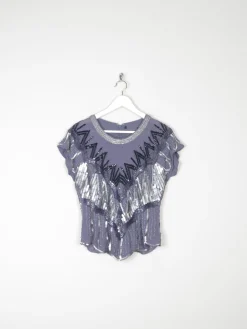 Vintage Style Grey & Blue Beaded Top S