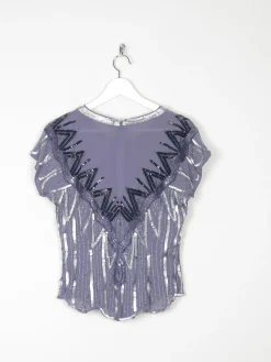 Vintage Style Grey & Blue Beaded Top S
