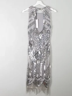 Vintage Style 1920s Flapper Silver Beaded Dress New S