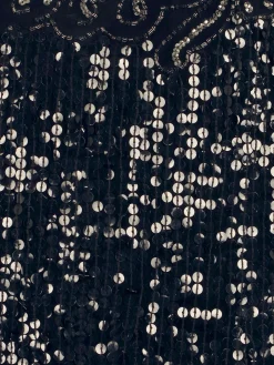 Vintage Women’s Black Sequin Top With Floral Motif S/M