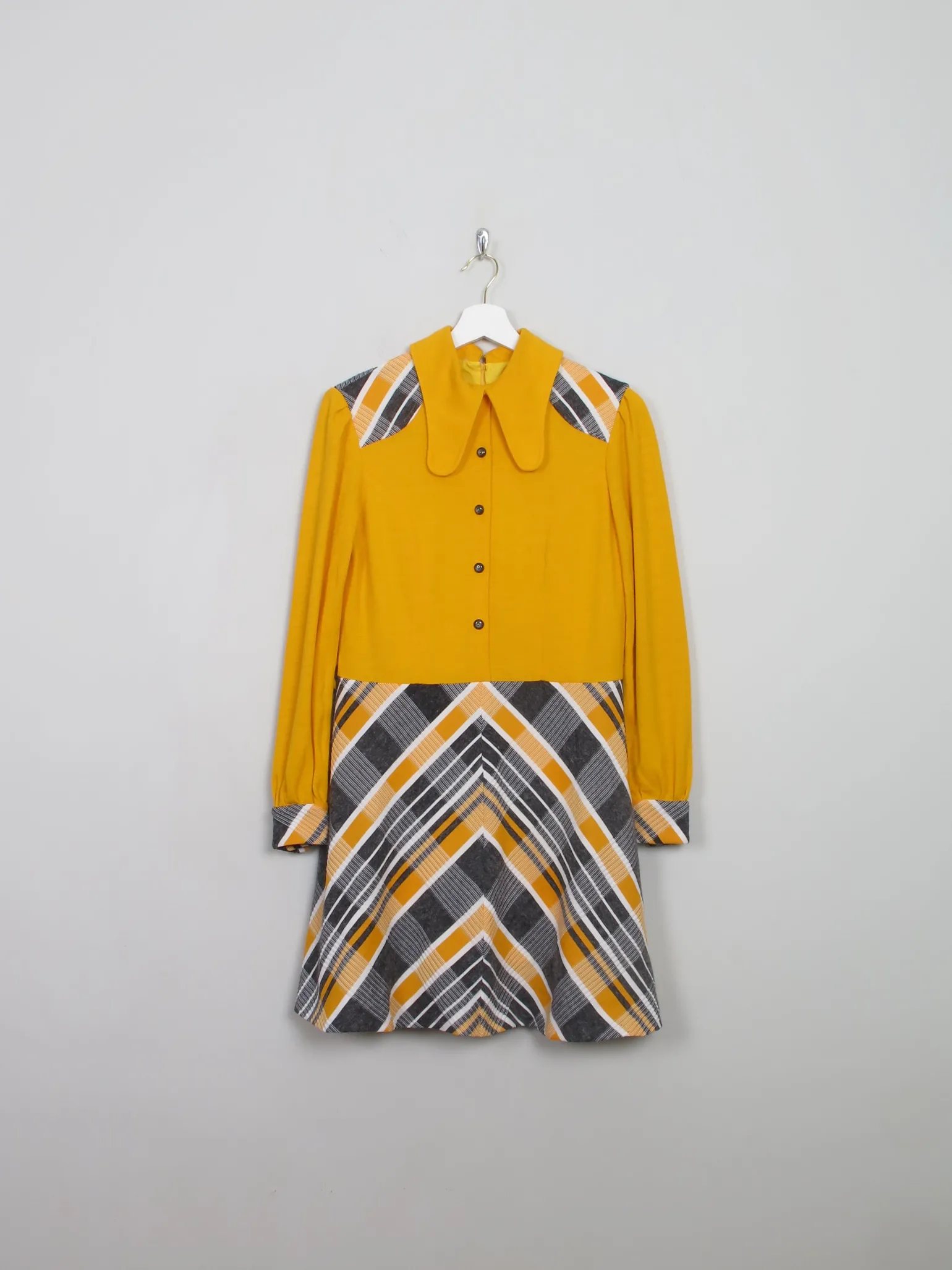 Vintage Yellow Combined 1970s Collared Dress M