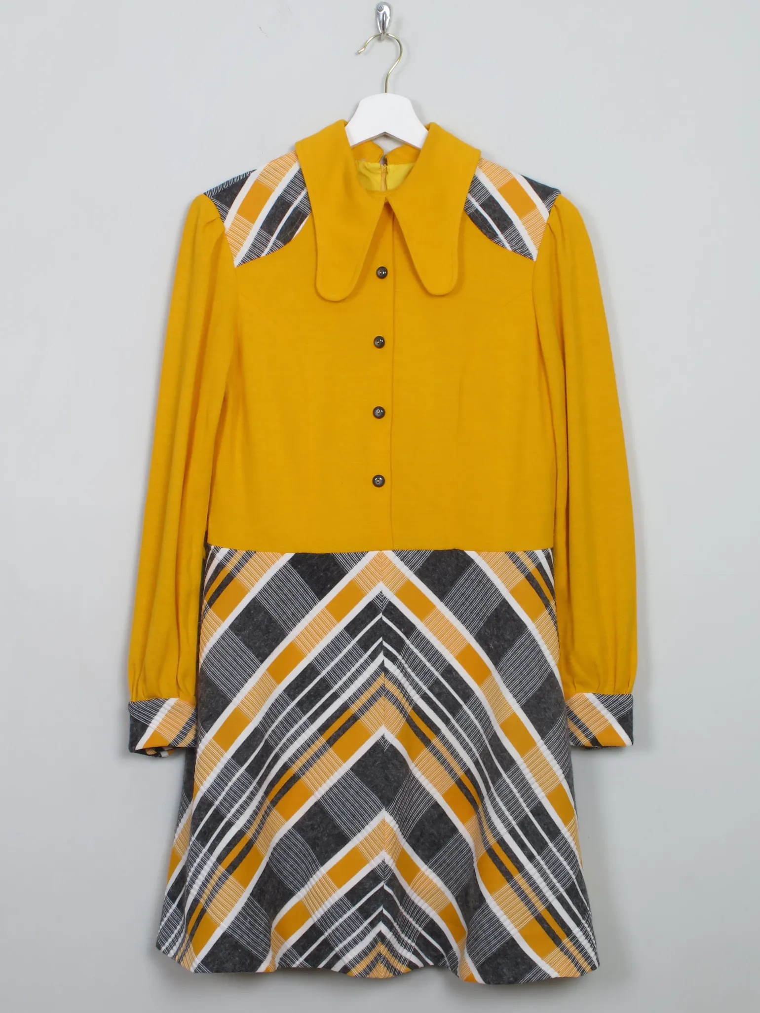 Vintage Yellow Combined 1970s Collared Dress M