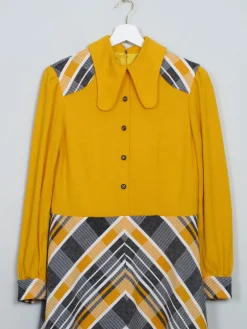 Vintage Yellow Combined 1970s Collared Dress M