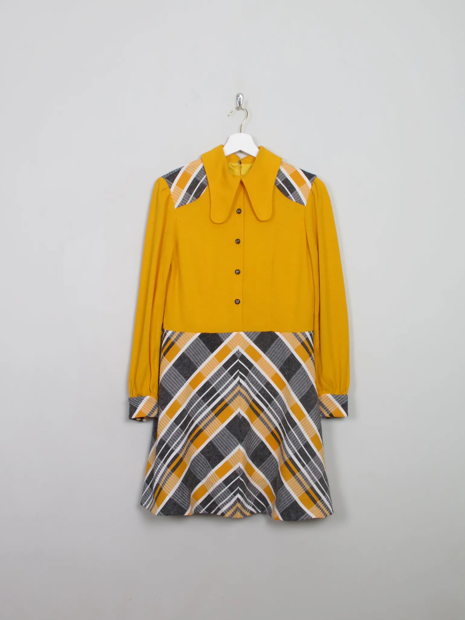 Vintage Yellow Combined 1970s Collared Dress M
