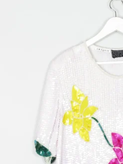 White Sequin Vintage Top With Floral Prints M/L