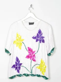 White Sequin Vintage Top With Floral Prints M/L
