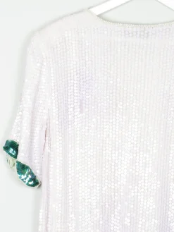 White Sequin Vintage Top With Floral Prints M/L