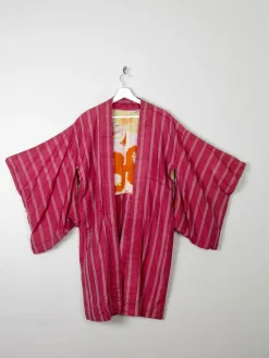 Wine Silk Striped Mid Length Vintage Kimono Haori M