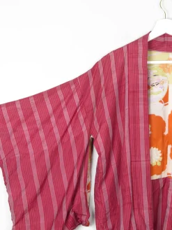 Wine Silk Striped Mid Length Vintage Kimono Haori M